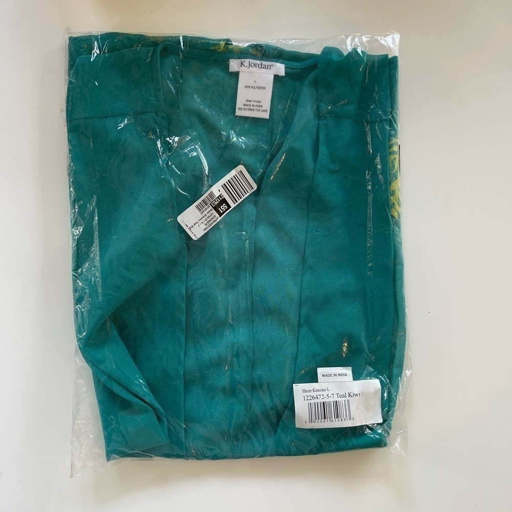 K. Jordan Sheer Kimono Teal/Kiwi - L - Picture 3 of 4